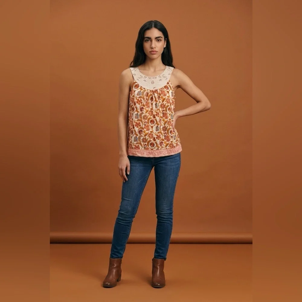 Sundance Catalog Orange Paisley Lace Yoke Sleeveless croquette boho Top